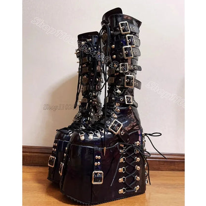 Black High Platform Belt Buckle Boots Round Toe Solid Punk Style for Women Spring Party Lace up Boots 2025 Zapatos Para Mujere