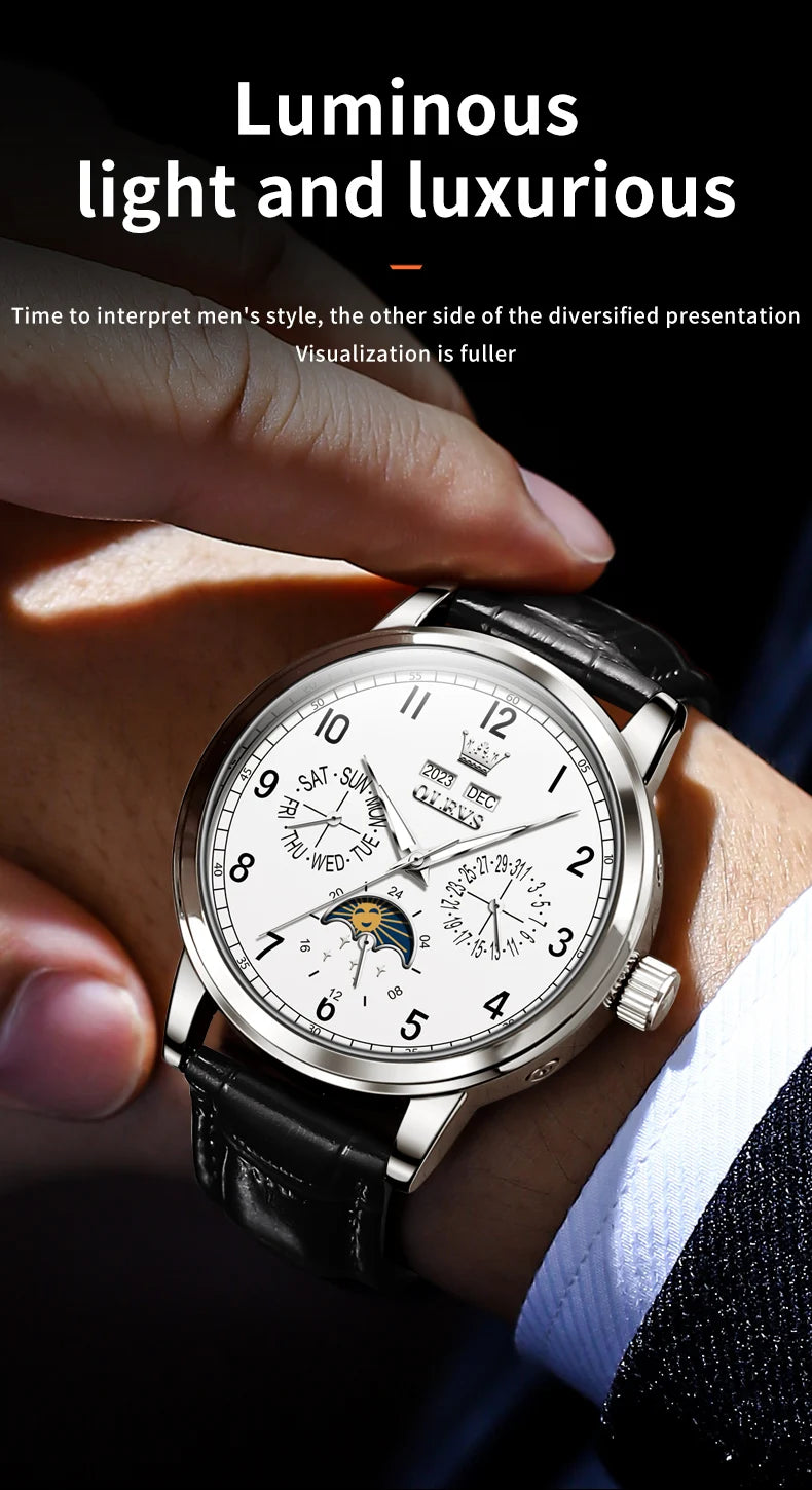 OLEVS 6698 Mens Watch Luxury Dress Brand Moon Phase Automatic Mechanical Watch For Men Leather Waterproof Dual Calendar...