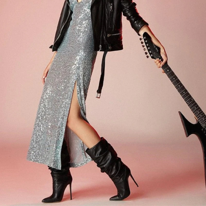 European and Americanwomen's Autumnand Winterfashionplus Sizeversatileslim High Heelspointed Pleatedsleeve Bootsredwedding Shoes