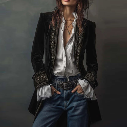 Ethnic Retro Floral Print Velvet Woman Blazer Jacket Sexy Notched Collar Slim Autumn Outerwear Long Sleeve Winter Cardigans Coat