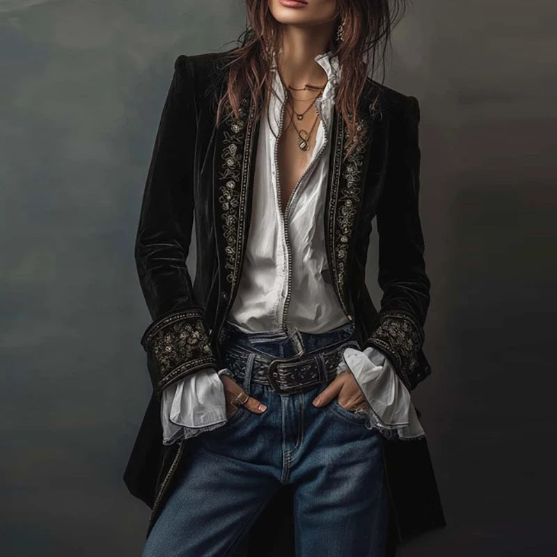 Ethnic Retro Floral Print Velvet Woman Blazer Jacket Sexy Notched Collar Slim Autumn Outerwear Long Sleeve Winter Cardigans Coat