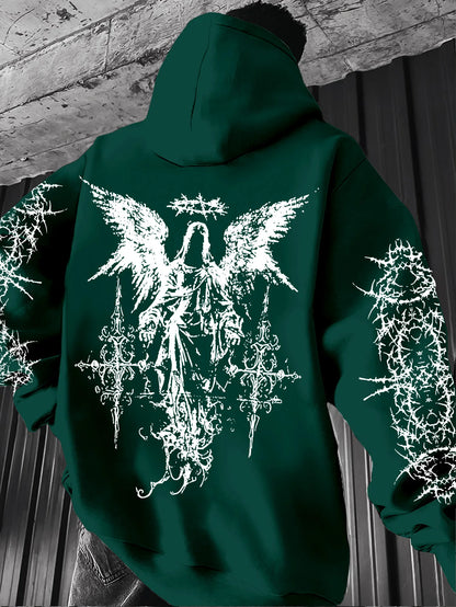 Men's Angel-themed graffiti thorn print streetwear hip-hop punk style hooded sweatshirt regular fit version sweatshirt hoodie
