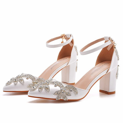 Summer Brand Women Sandals Party Flower Rhinestone Cover Heel 10.5 CM Square Heel Lady Wedding Hot Sale Lovely Women Shoe - Kimlud