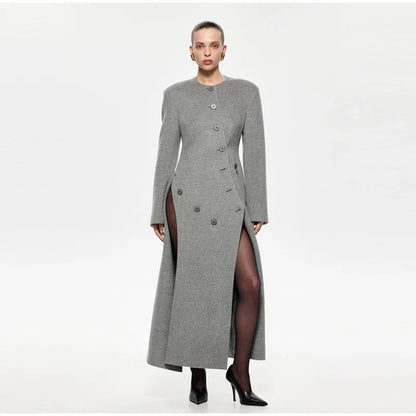 Women's Long Grey Woollen Coat O-neck Full Sleeve Asymmetric Button Design Elegant Silhouette Warm Outerwear 2025 Autumn Coat