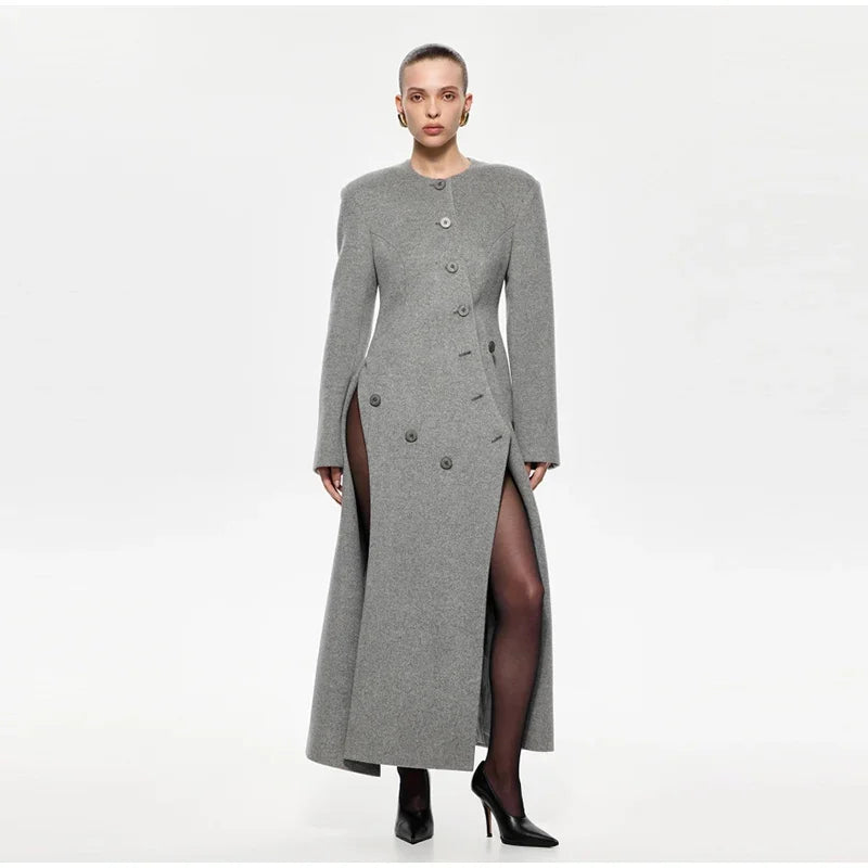 Women's Long Grey Woollen Coat O-neck Full Sleeve Asymmetric Button Design Elegant Silhouette Warm Outerwear 2025 Autumn Coat