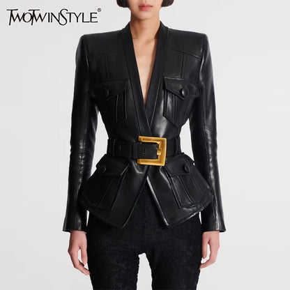TWOTWINSTYLE Solid Slimming Spliced Pockets Temperament Jackets for Women V Neck Patchwork Button Fashion Jacket Female Clothing