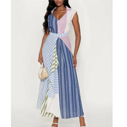 Personality Contrast Color Stitching Striped Dress Women's Summer Fashion Irregular Waist V-neck Sleeveless Commuting Dresses - Kimlud