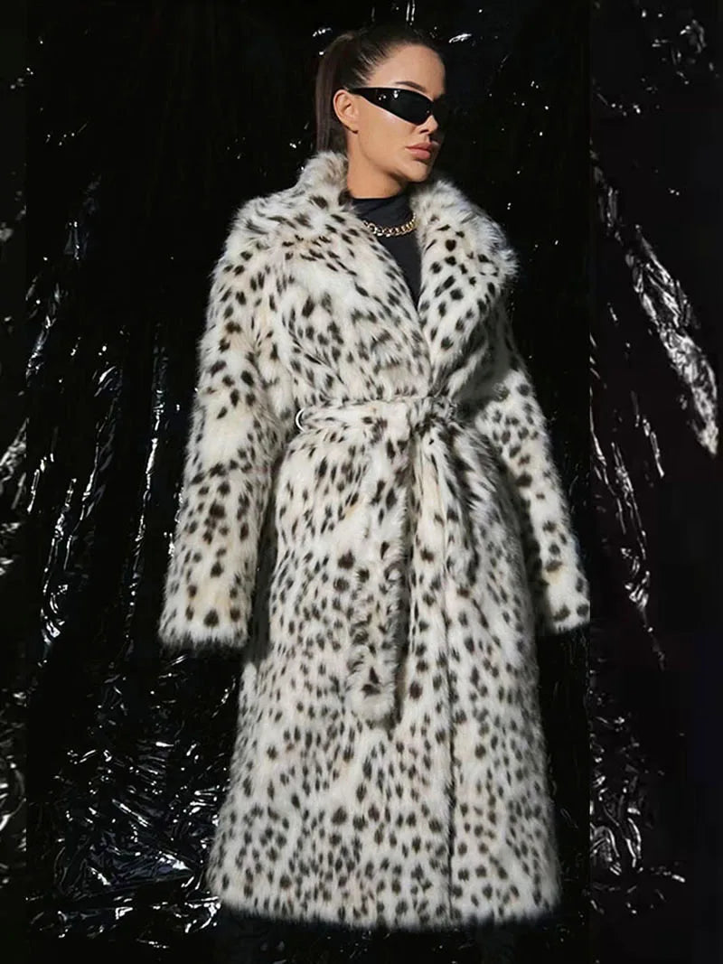 ZADORIN Luxury Belted Long Leopard Faux Fur Coat Woman Y2k Clothes Fashion Lapel Thick Warm Fluffy Jacket Fur Coats Outerwears