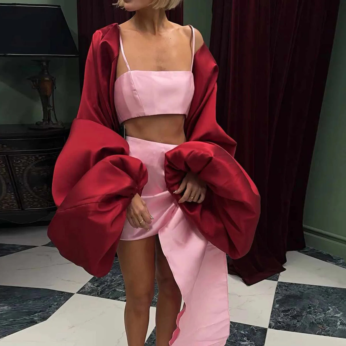 3 Pieces Short Prom Dresses Cape Spaghetti Satin Party Gowns Flare Sleeves Special Occasion Event Dress Asymmetrical - Kimlud