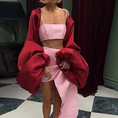 3 Pieces Short Prom Dresses Cape Spaghetti Satin Party Gowns Flare Sleeves Special Occasion Event Dress Asymmetrical - Kimlud