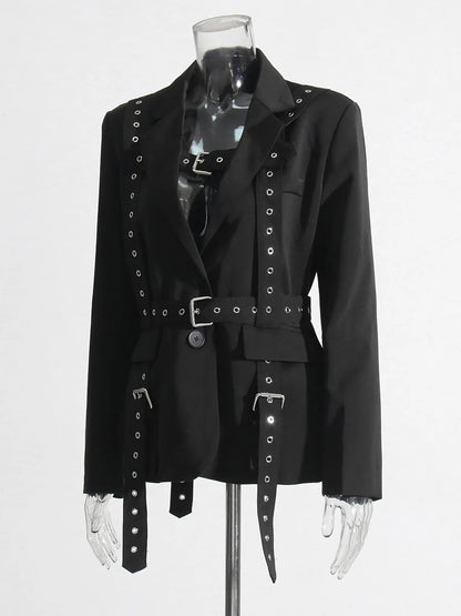 Women's Solid Color Temperament Suit Jacket 2025 Autumn Notched Single Breated Belted Slim Biker Motor Style Casual Blazer