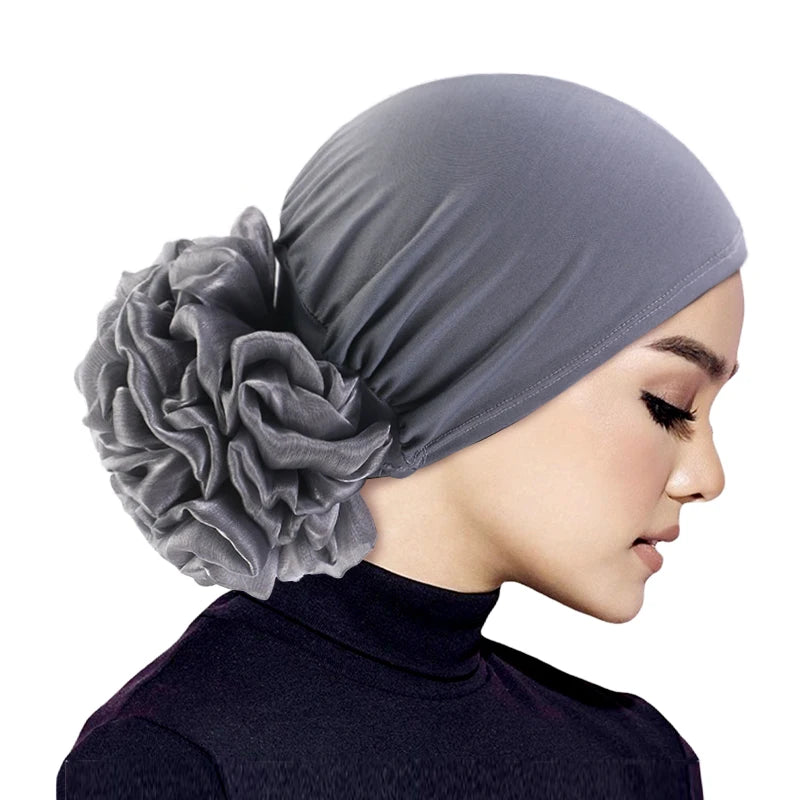 Women's Hijabs Turban Big Flower Elastic Cloth Hair Bands Hat Beanie Ladies Muslim Solid Hair Loss Scarf Cap Hair Accessories