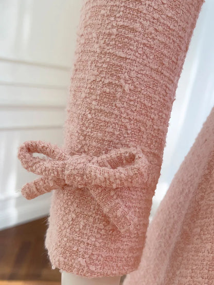 IEQJ Fashion Autumn Pink Woolen Coat Women Turn-Down Collar Double Breasted Sashes Tighten Waist Slim Blends Coat New