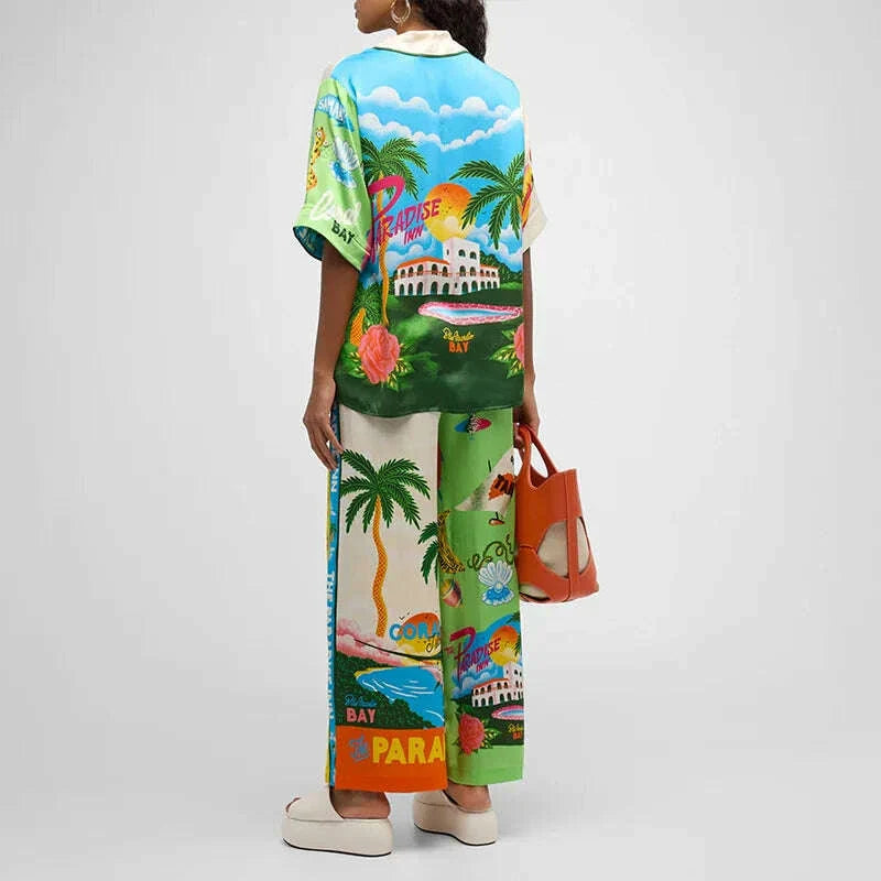 Long Sleeve Long Pant Sets Women  Retro Lapel Single Breasted Blouses Trousers 2 Piece Set Printed Color-blocking Elastic Waist