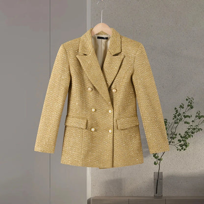 Elegant Paillettes Blazer Coat Women Lapel Doube-breasted Fake Pocket Slim Jackets Lady 2025 Autumn Winter Streewear Female New