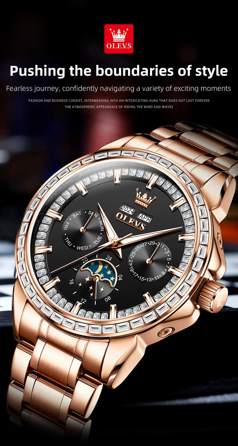 OLEVS 6695 Automatic Mechanical Men's Watches Luxury Brand Original Diamond Bezel Moon Phase Perpetual Calendar Man...