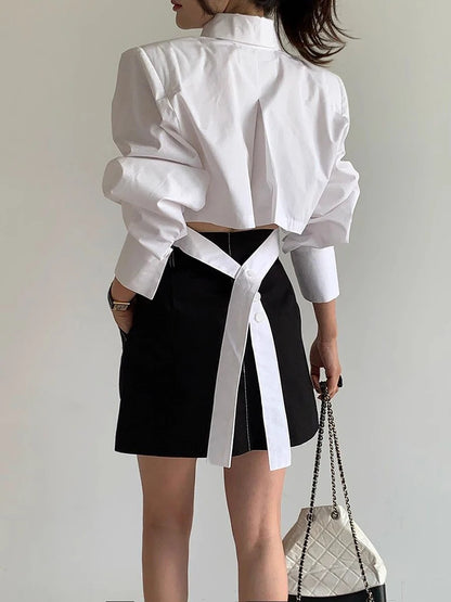 Zoki Korean Cropped White Shirts Women Back Lace Up Design Blouse Vintage Casual Long Sleeve Lady Elegant Hollow Out...