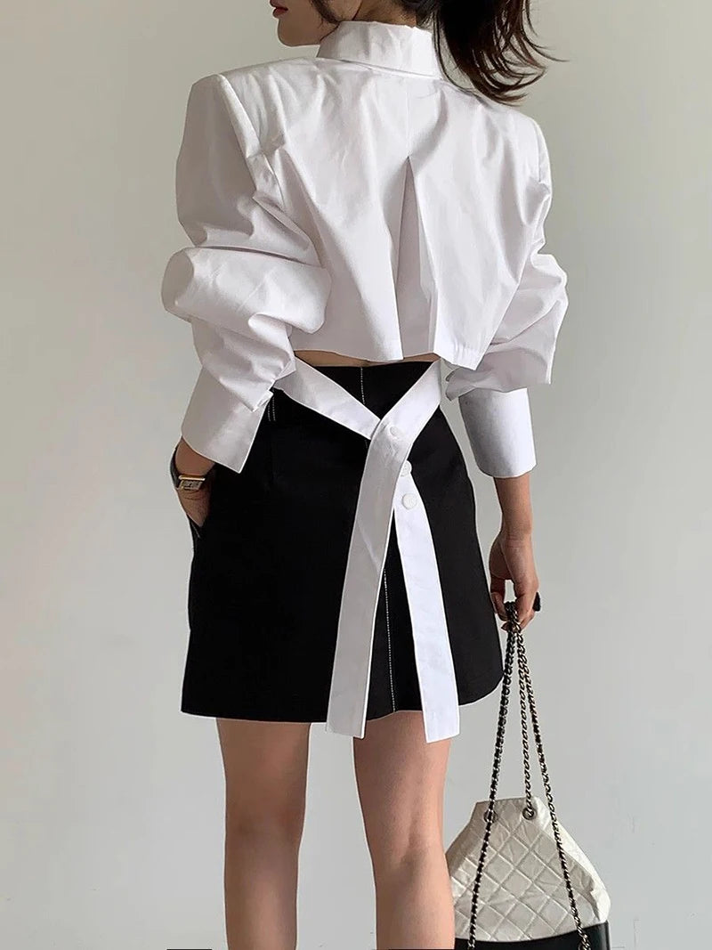 Zoki Korean Cropped White Shirts Women Back Lace Up Design Blouse Vintage Casual Long Sleeve Lady Elegant Hollow Out...