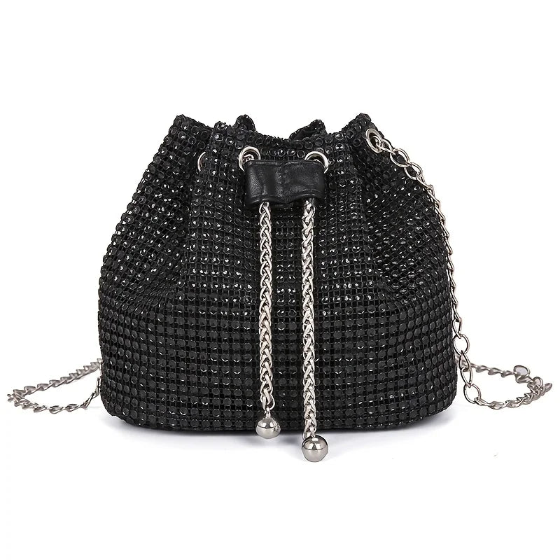 Sparkling Rhinestone Embellished Drawstring Crossbody Bag, Multi-Functional Bucket Purse, Formal Handbag for Women Daily Commute