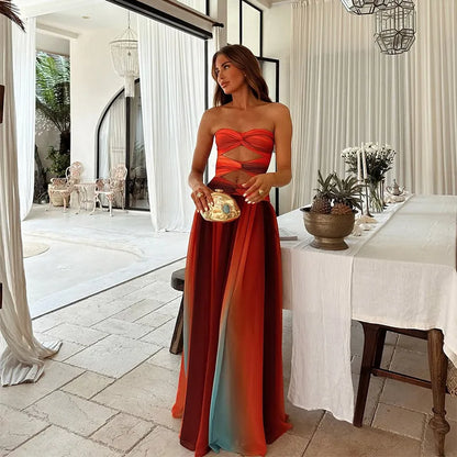 Tie-dye Gradient Hollow Out Women's Maxi Dress Elegant Off Shoulder A-line Hem Long Dresses New Summer 2025 Holiday Female Robes - Kimlud