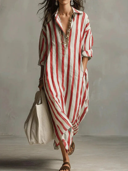 2026Spring Summer Casual Elegant Turn Down Collar Breathable Dress For Women Party Dress Boho Striped Printed Loose Beach - Kimlud