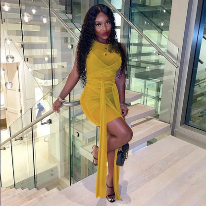 Bangniweigou Ribbon Wrap Up Draped Mesh See Through Bandage Dress Women Mummy Tie Up Bodycon High Waist Short Brown Dresses - Kimlud