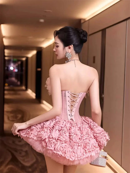 Sexy Strapless Flower Lace A-line Mini Dress Women Red Sleeveless Backless Floral Slim Dresses Evening Party Cocktail...