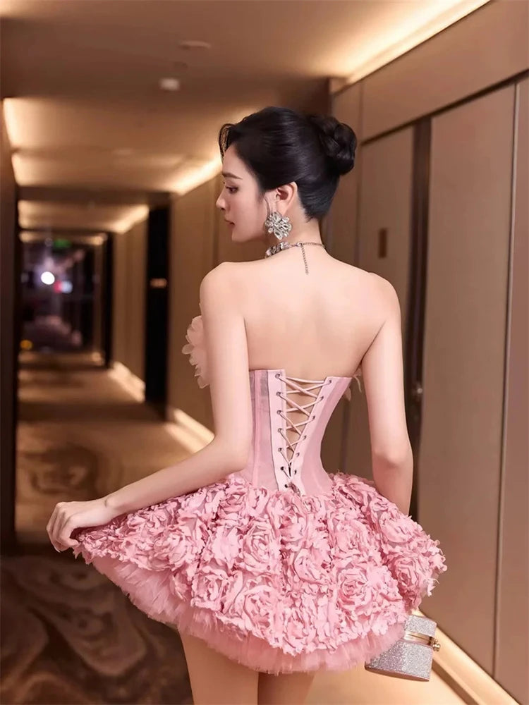 Sexy Strapless Flower Lace A-line Mini Dress Women Red Sleeveless Backless Floral Slim Dresses Evening Party Cocktail...