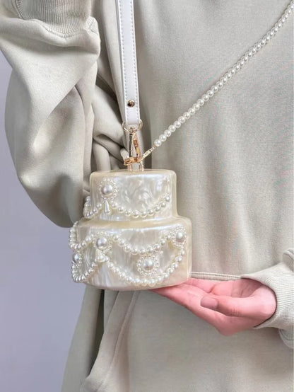 Women Acrylic Cake Bag Cute Pearl Evening Clutch Bag Beading Pearl Purse For Wedding Party Luxury shoulder Handbag Designer Chic - Kimlud