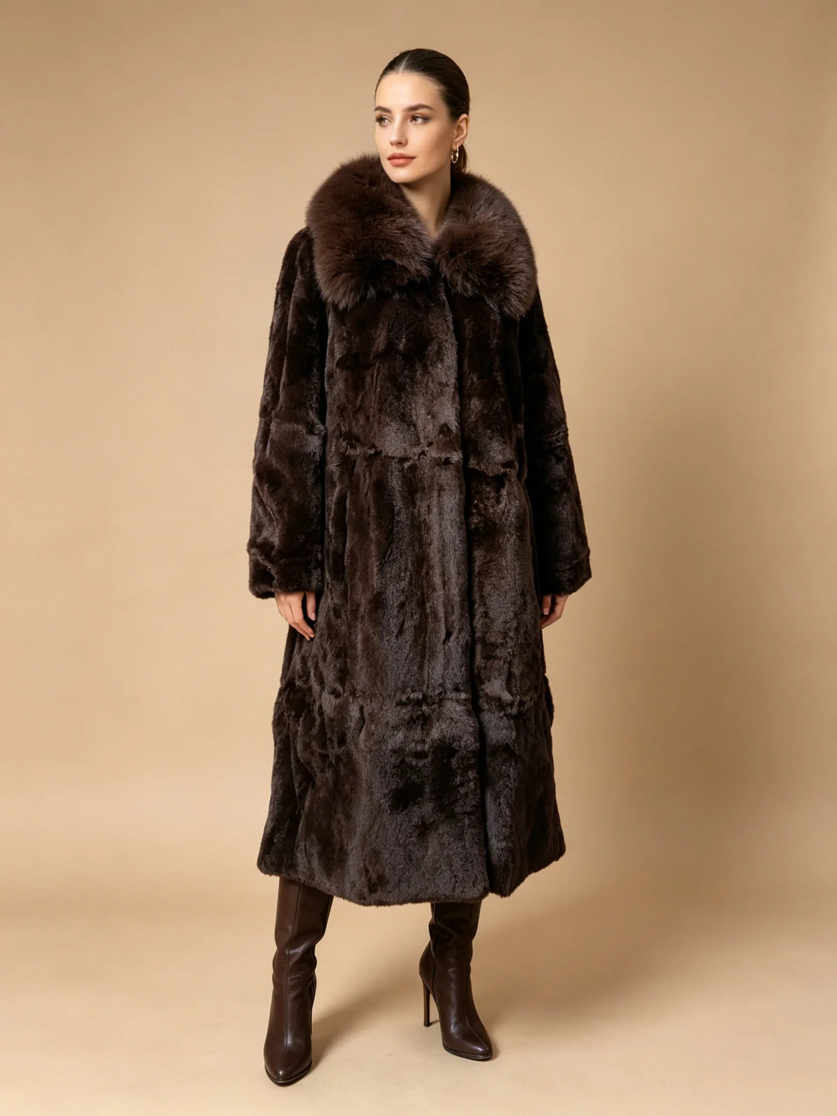 Women X-long Whole Skin Rex Rabbit Fur Coat Luxury High-end Natural Fur Jacket Oversized Genuine Fox Fur Collar
