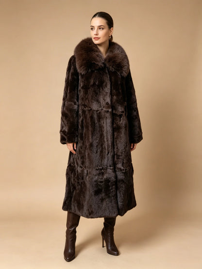 Women X-long Whole Skin Rex Rabbit Fur Coat Luxury High-end Natural Fur Jacket Oversized Genuine Fox Fur Collar