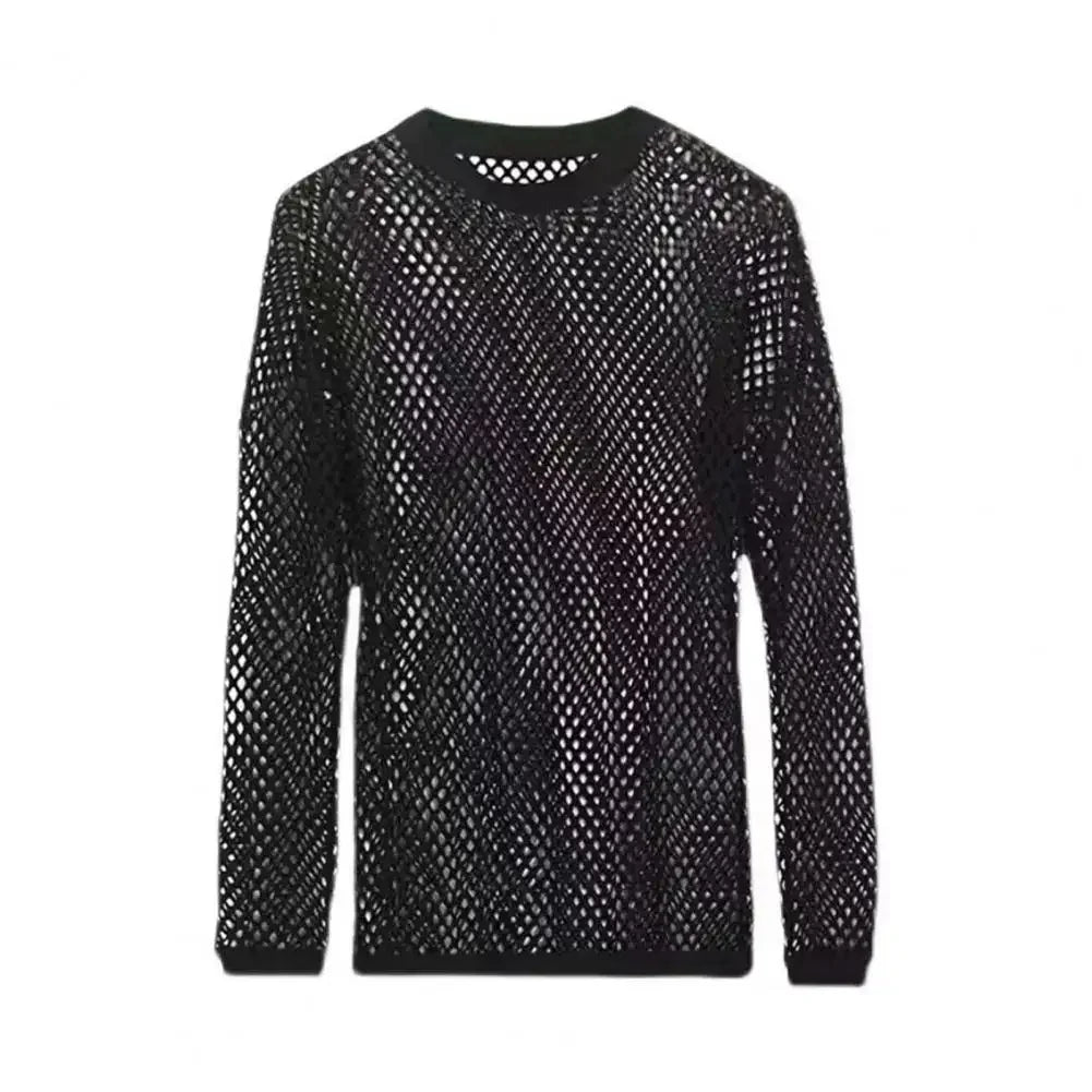 Men Black Mesh Top Hollow Design Muscle Tee Men's Thin Mesh Top with Long Sleeves Solid Color Stretchy Loose Fit for Club Dance - Kimlud