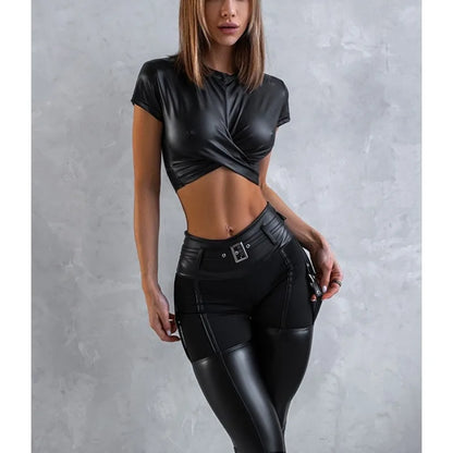 Krisnanas 2 Piece Sporty Sets for Woman 2025 Leather Shorts Tops-skinny Pants Fashionable Workout Gym New in Matching Set 102395
