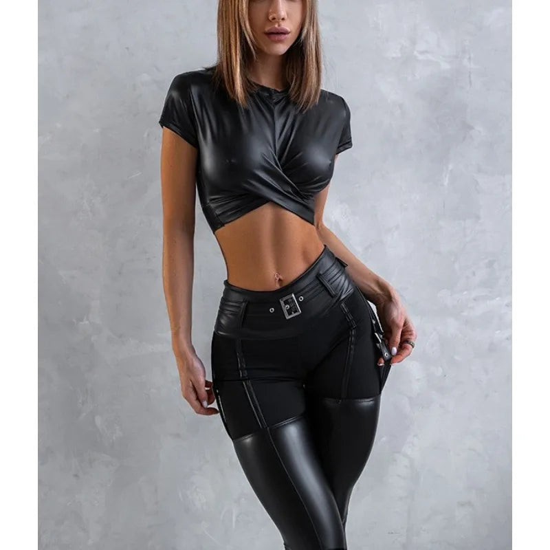 Krisnanas 2 Piece Sporty Sets for Woman 2025 Leather Shorts Tops-skinny Pants Fashionable Workout Gym New in Matching Set 102395