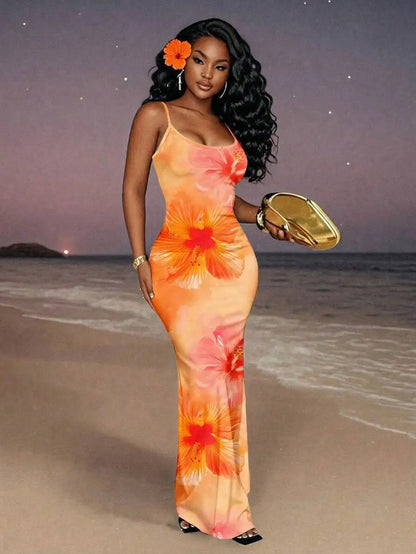 Womens Floral Print Elegant Waist Cinched Long Strap Dress For Party,Summer Dresses For Women