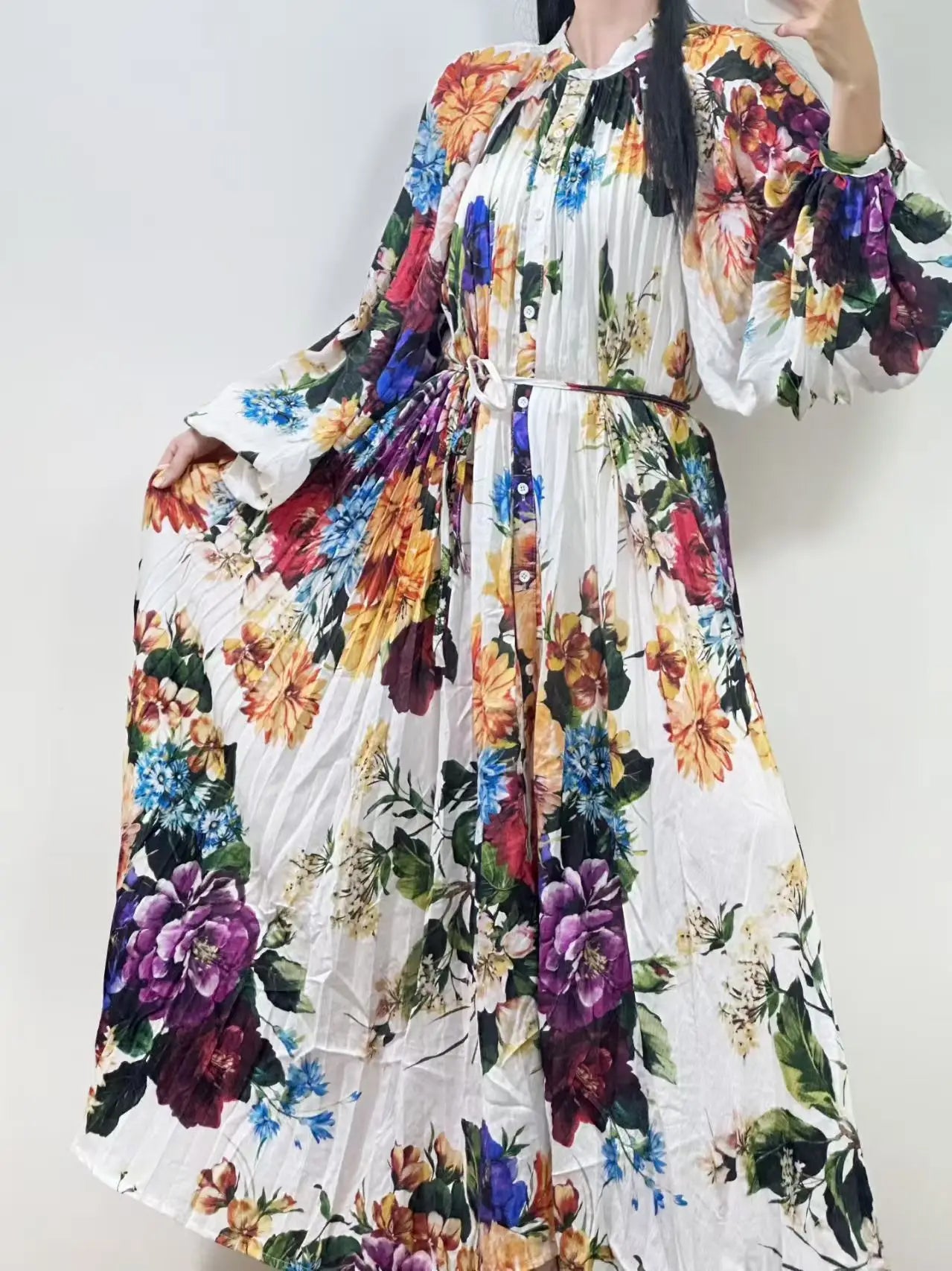 New Women winter Dress Lantern Long Sleeve round Neck Lace-up Waist Single Breasted Printed Elegant party Evening Vintage Dresse