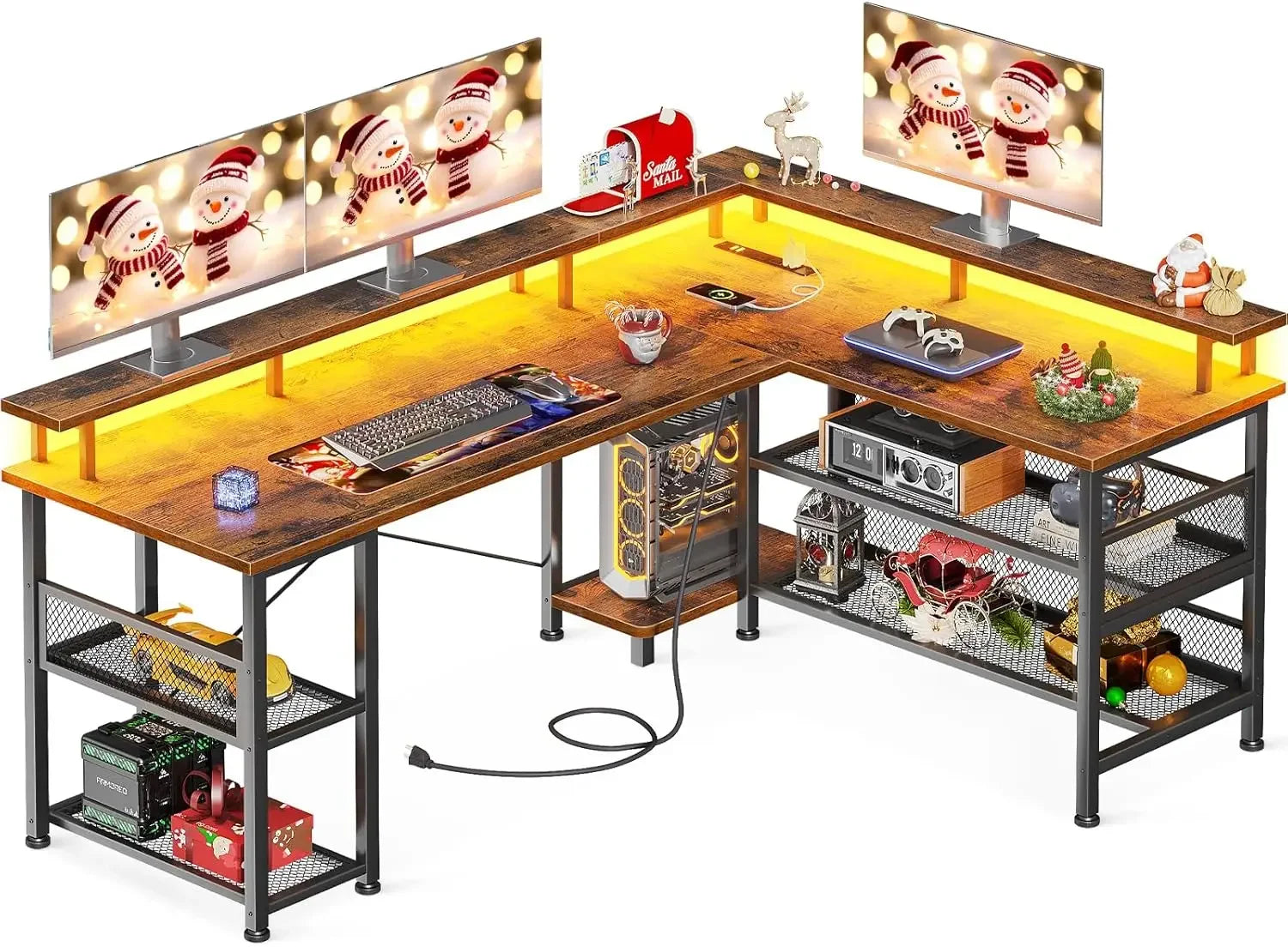 66" L Shaped Gaming Desk with Power Outlet and LED Lights, PC Gaming Table with Carbon Fiber Texture