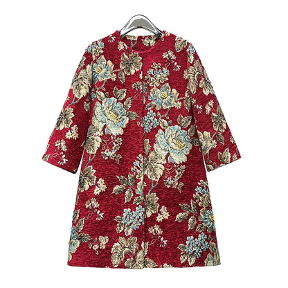 Autumn Winter New Women's Velvet Beaded Round Neck 3/4 Sleeve Burgundy Mid-Length Coat Chenille Texture Luxury Jacket