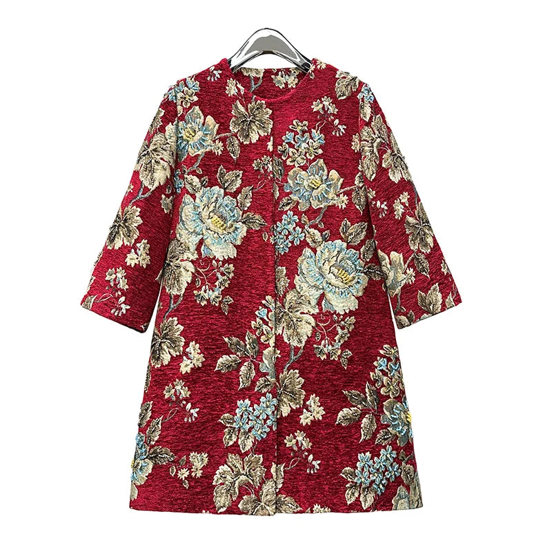 Autumn Winter New Women's Velvet Beaded Round Neck 3/4 Sleeve Burgundy Mid-Length Coat Chenille Texture Luxury Jacket