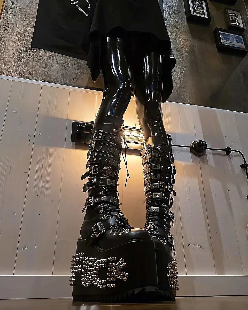 Women Motorcycle Boots women super high thick Heels pumps Cool Lady knight customized boots girl punk Gothic long boots rivets