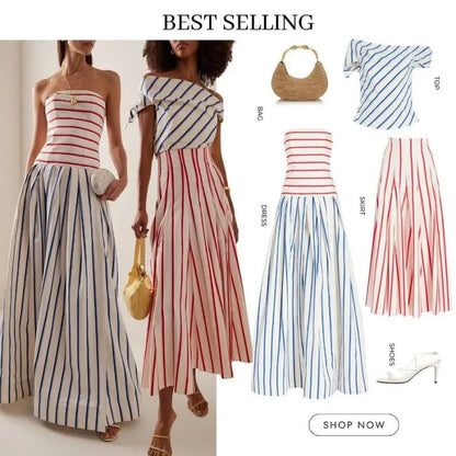 Women Bandeau Dresses Flaxmaker Sexy Off The Shoulder Sexy Striped Print Sling Maxi Dress Beach Sundress 2025 | Kimlud...