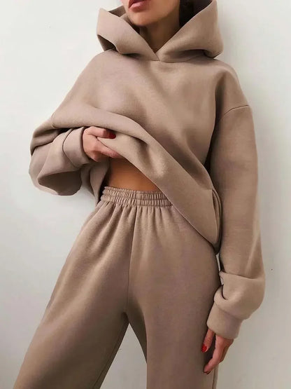 Women's Tracksuit Casual Solid Long Sleeve Hooded Sport Suits Autumn Warm Hoodie Sweatshirts and Long Pant Fleece Two Piece Sets