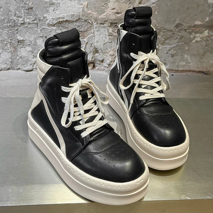 Men Black  White High Top Board Shoes Side Zipper Height Increase Anti Slip Wear-resistant Comfortable Fashionable Boots