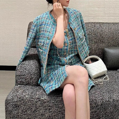 2025 New French Lady Blue Green Tweed round Neck Single Button Small Fragrance Style Jacket Vest Dress Set Casual Suit