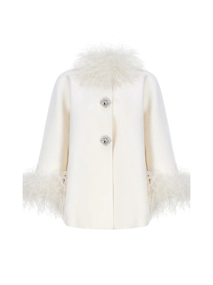 Elegant Feather Spliced Women's Coat Loose Feather Cuff Collar Lady Poncho Outwear 2024 Winter High Street Jacket New In Coats