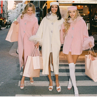 Elegant Feather Spliced Women's Coat Loose Feather Cuff Collar Lady Poncho Outwear 2024 Winter High Street Jacket New In Coats
