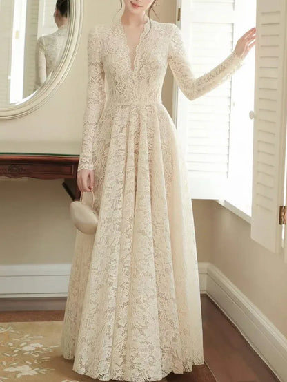 Eshin Elegant Women Lace Maxi Dress Long Sleeve Deep V Neck High Waist A-Line Floor Length Evening Party Formal Dresses SA1529 - Kimlud