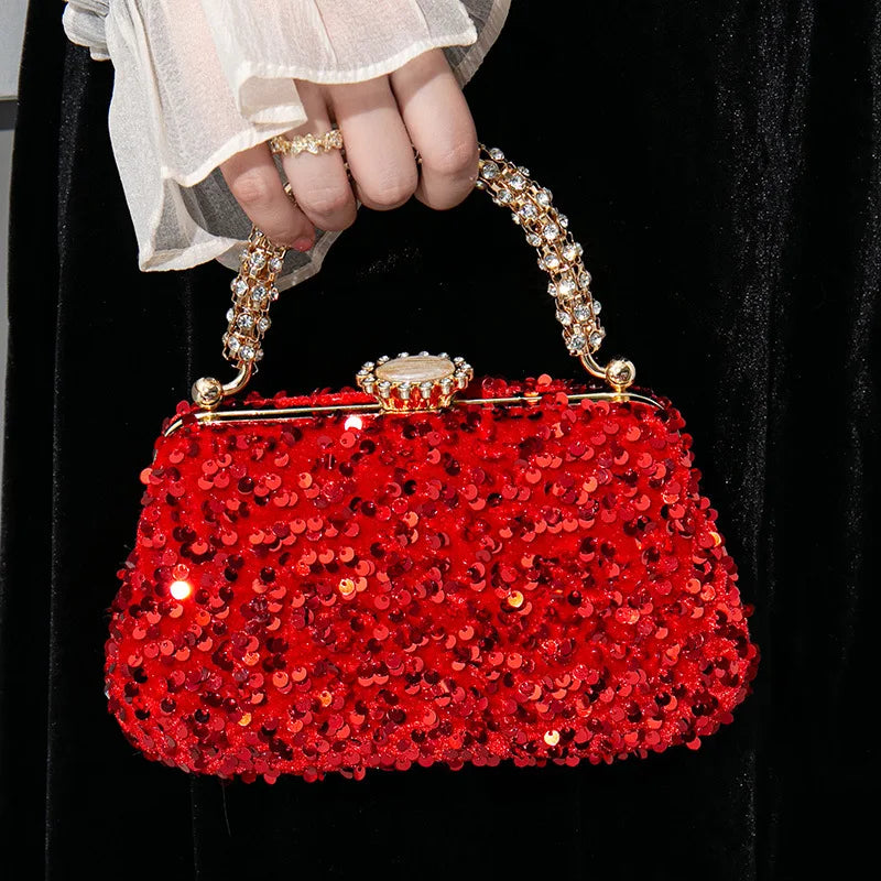 Luxury Women Shiny Sequins Evening Handbag Crystal Diamond Clutches Purse with Rhinestone Top Handle Lady Shoulder Messenger Bag - Kimlud