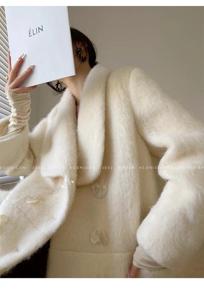 Lautaro Winter Long Vintage White Thick Warm Fluffy Wool Blends Coat Women Double Breasted Elegant Luxury Designer...