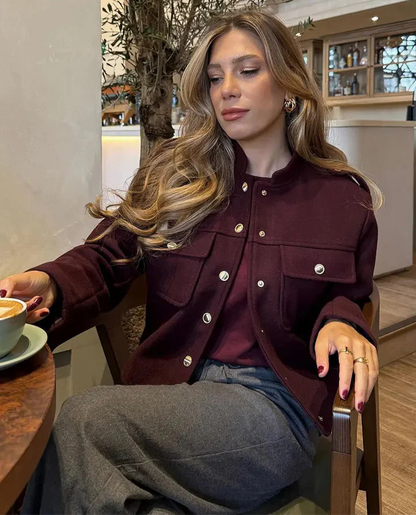 TRAFZA Women Vintage Wine Red Coat O Neck Long Sleeve Single Breasted Jacket With Pockets Autumn Casual Office Lady Outerwear